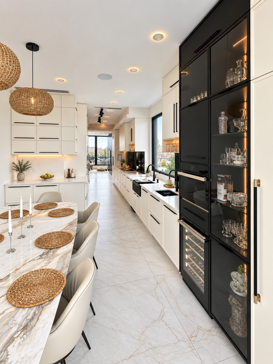 Mini-Shaker Kitchen with Wood Accents & Black Glass