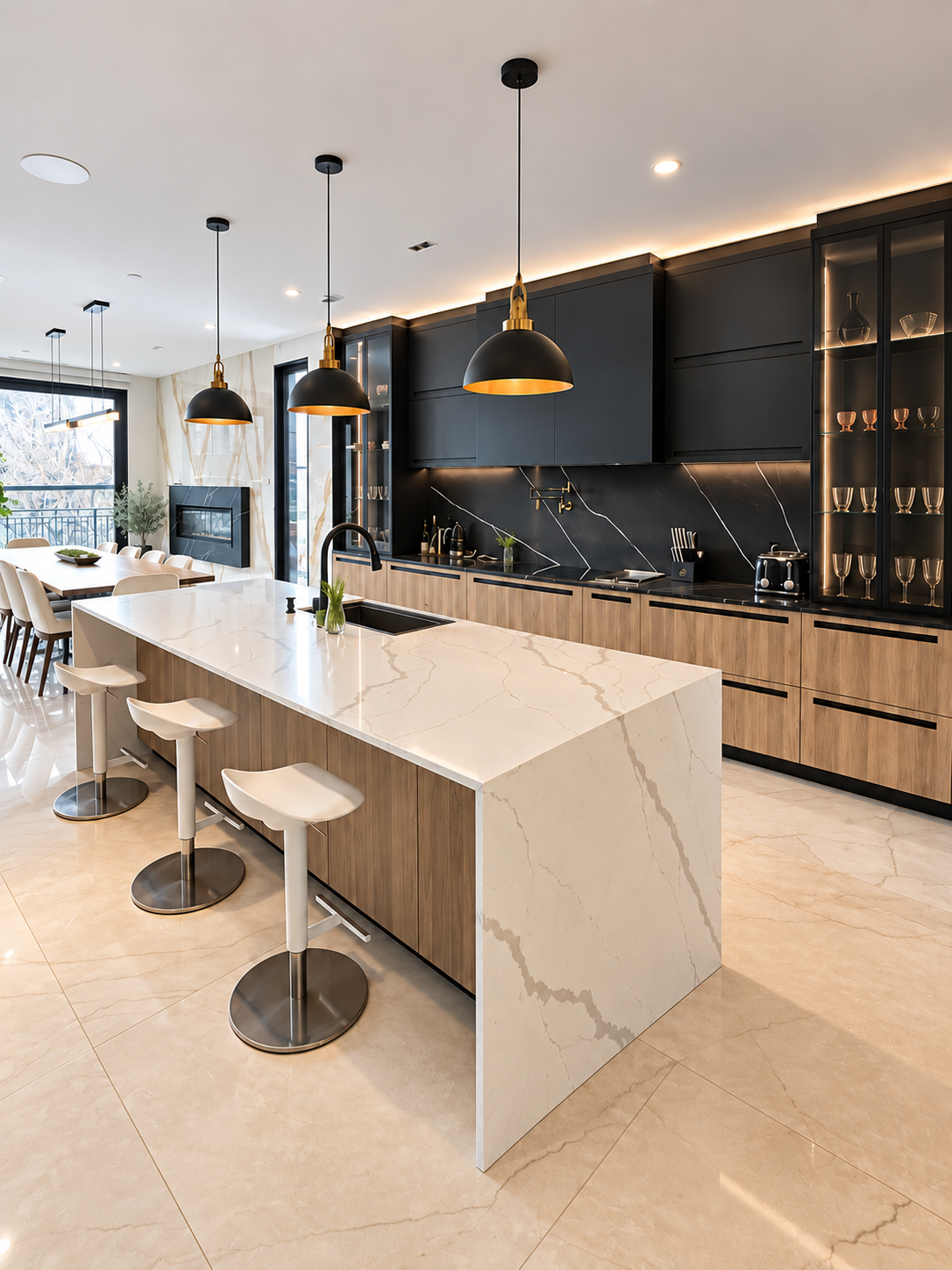 Luxury Custom Kitchen with Matte Black Polymer, Wood-Tone Cabinetry & Quartz Surfaces